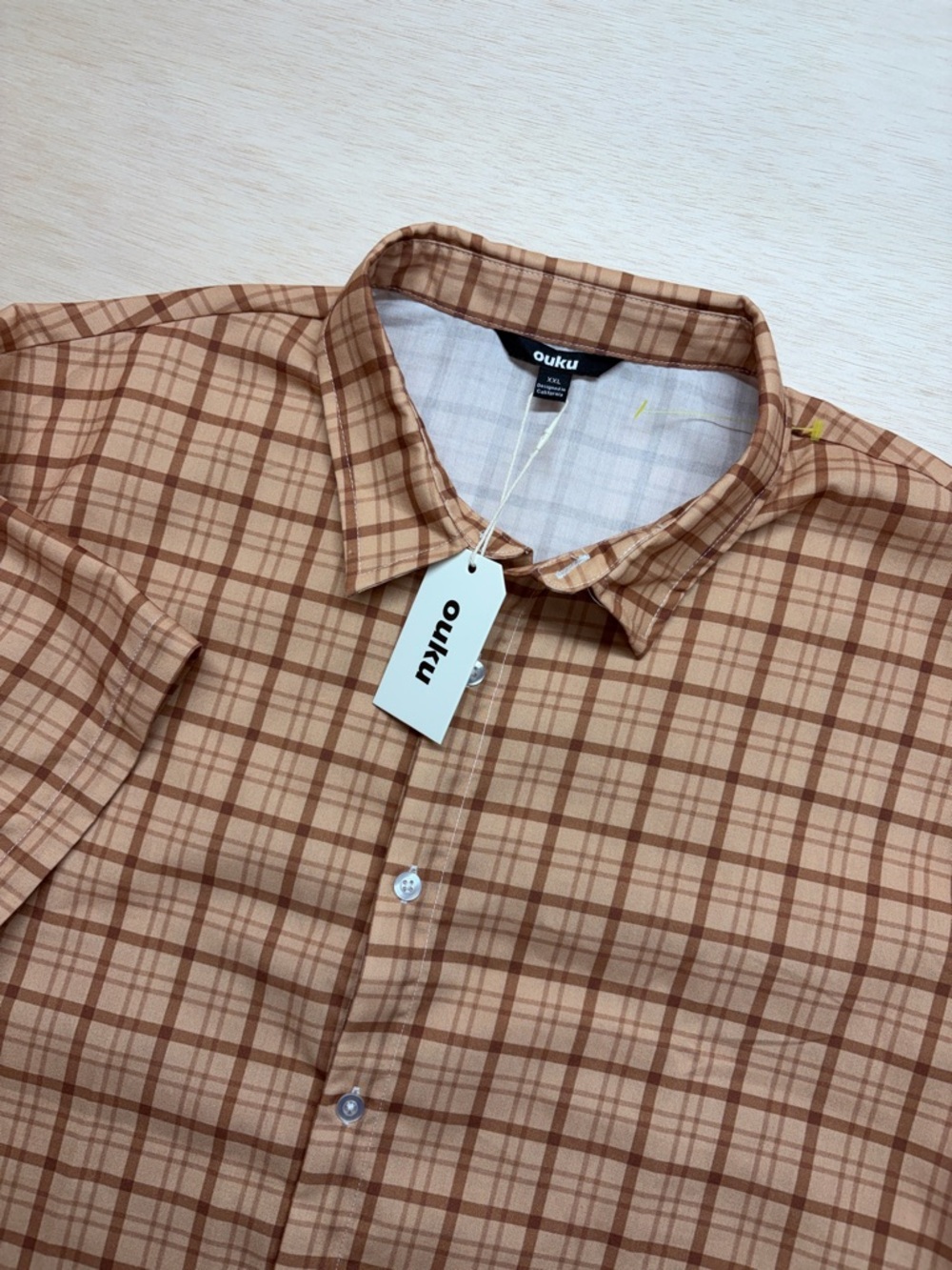 OUKU 2XL Men's Dress Shirt Tan Brown Stripes and Plaid NWT